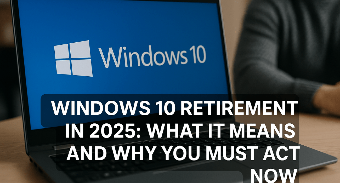 A close-up of a laptop displaying the Windows 10 logo, accompanied by a bold warning about Windows 10's retirement in 2025, urging users to take action.