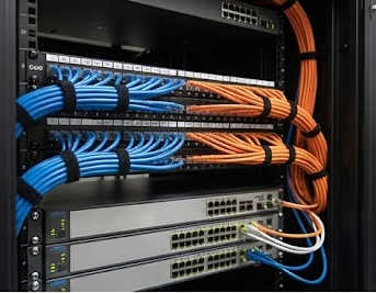 Close-up of an IDF network rack featuring color-coded Cat6A structured cabling (blue and orange) connected to enterprise switches.