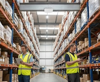 Wide view of a logistics facility showing rows of inventory and a worker checking data on a tablet device.
