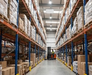 Warehouse forklift operator moving inventory in a narrow aisle with a wireless access point mounted on a steel beam above.