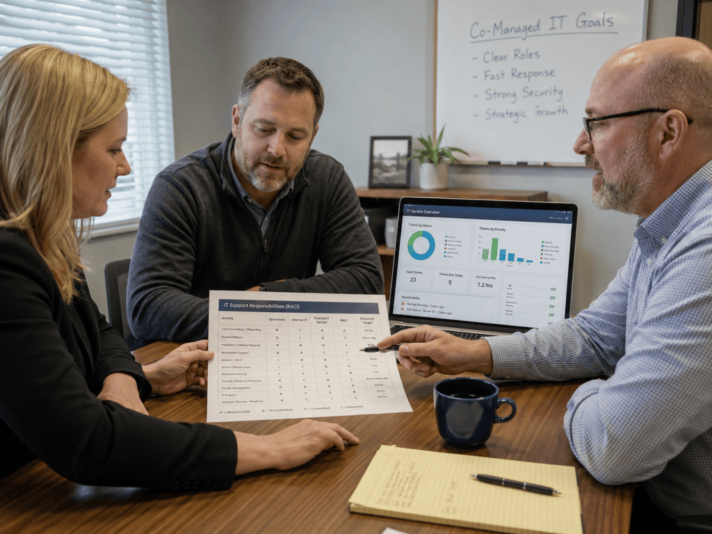 Operations and it leaders in a meeting reviewing a responsibilities chart for co-managed it support