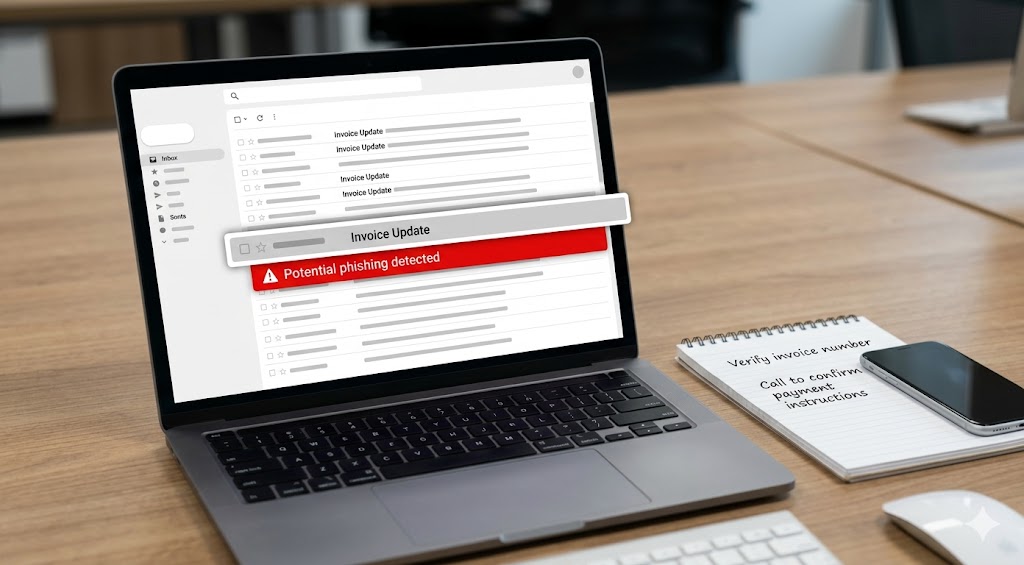 Close-up of a laptop showing an email inbox with a warning icon indicating a suspected phishing or invoice fraud attempt