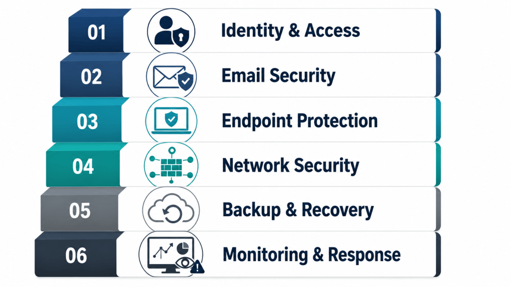 Diagram showing layered cybersecurity controls including identity, email, endpoint, backup, and monitoring