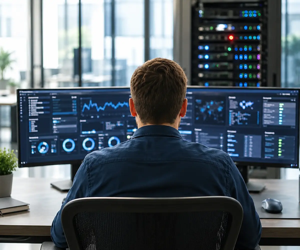 It engineer monitoring network and security dashboards after hours for a madison business