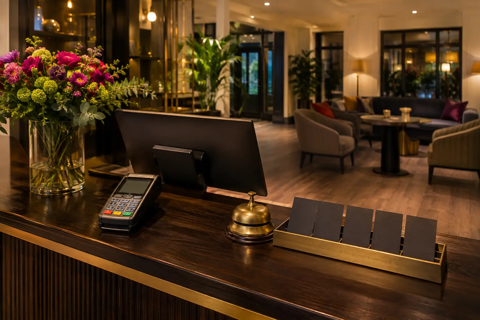 Empty hotel front desk with a card payment terminal, angled monitor, key card tray, and flowers in warm evening light