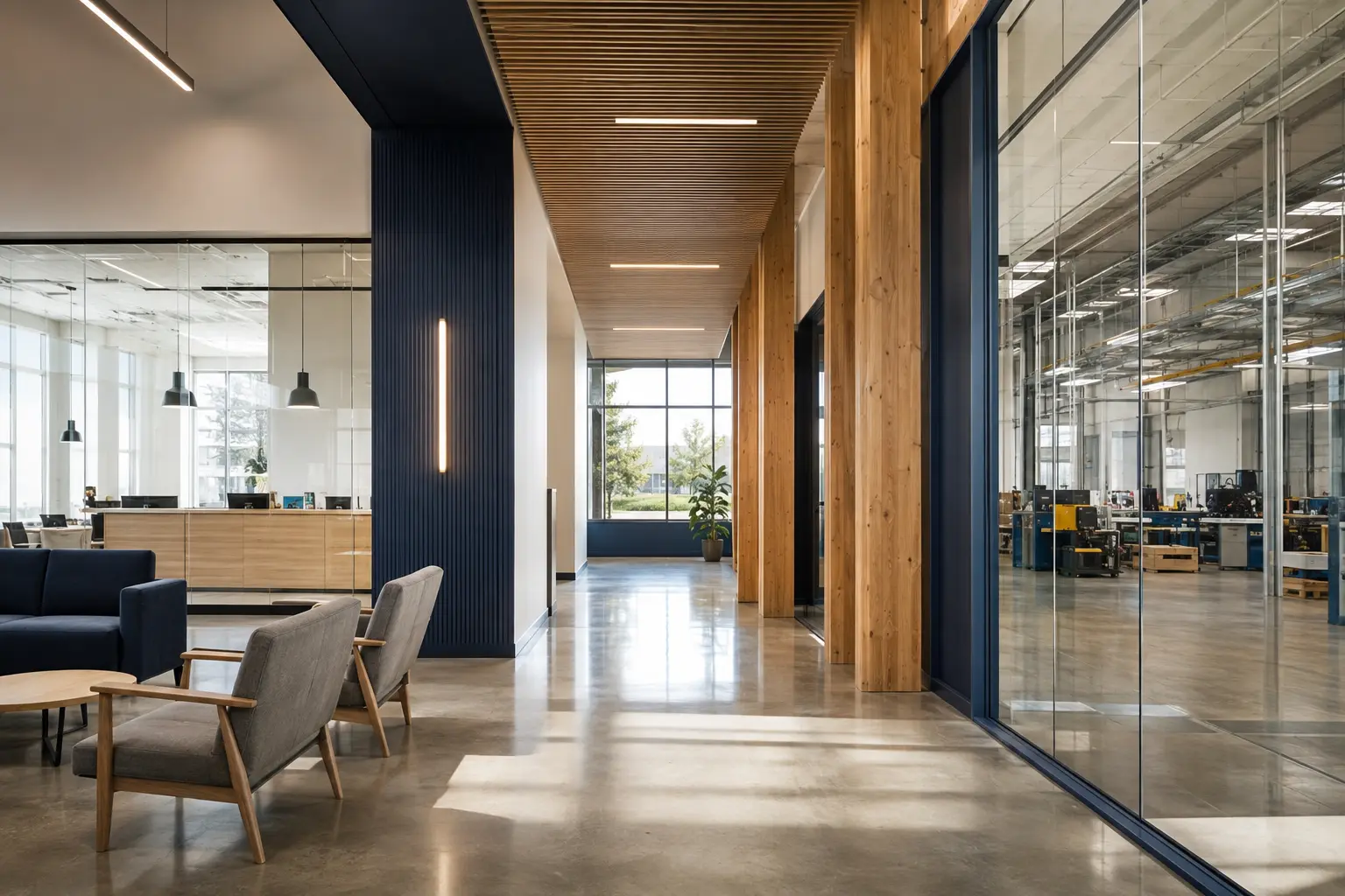 Modern commercial building interior with a clinical reception area and a light manufacturing bay visible through glass on either side