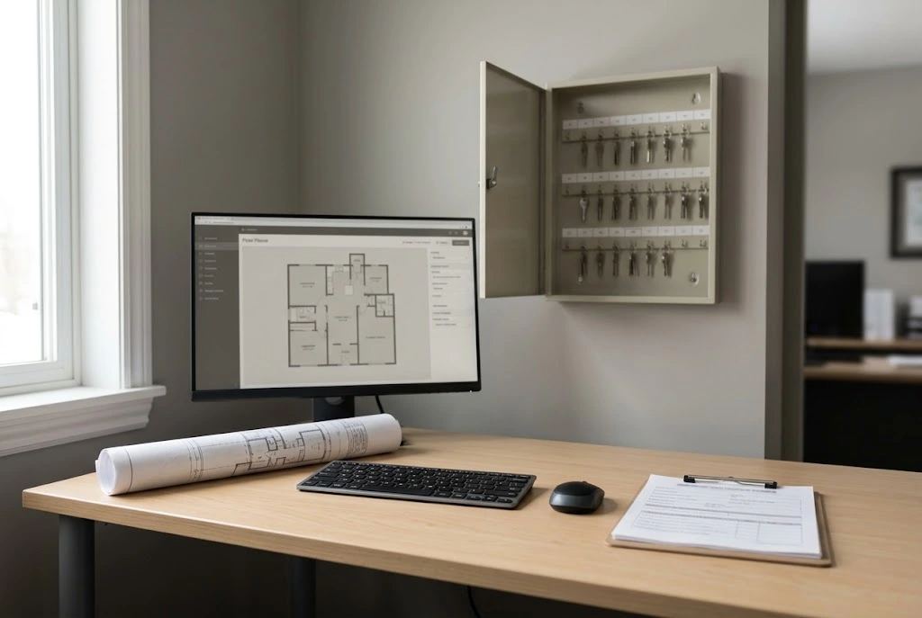 Property management desk with a monitor showing a floor plan, a rolled architectural drawing, an open key cabinet, and inspection forms