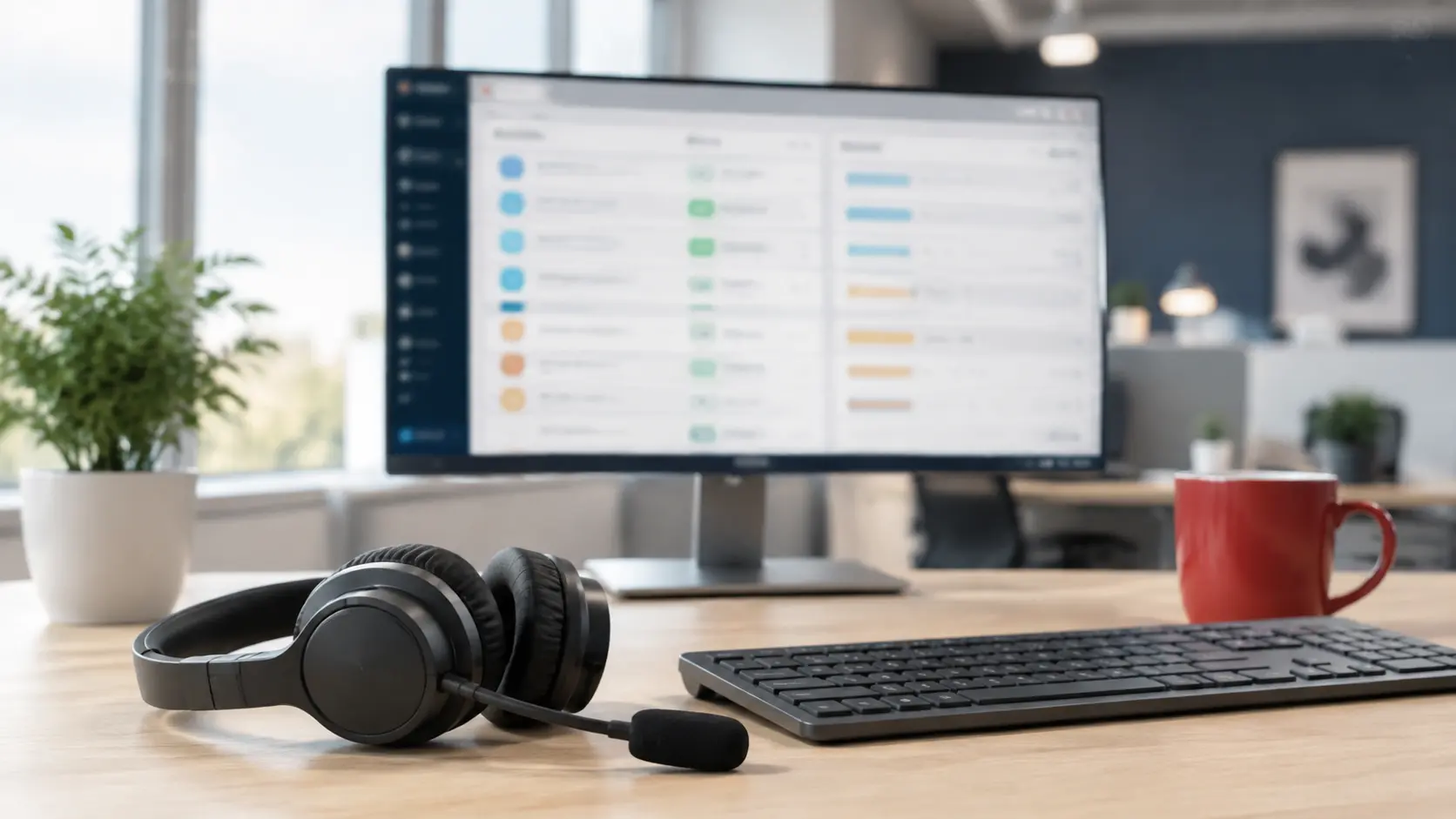 Agent headset and a monitor showing a color-coded support ticket queue on a desk at no limit systems